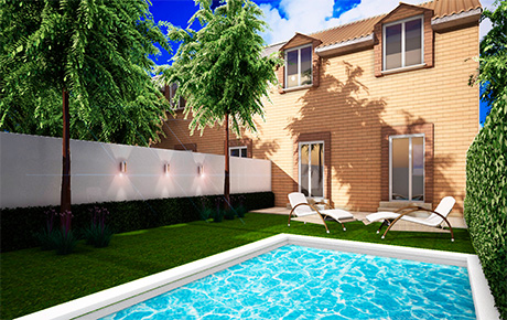 Modelo Villa, fachada trasera y jardín